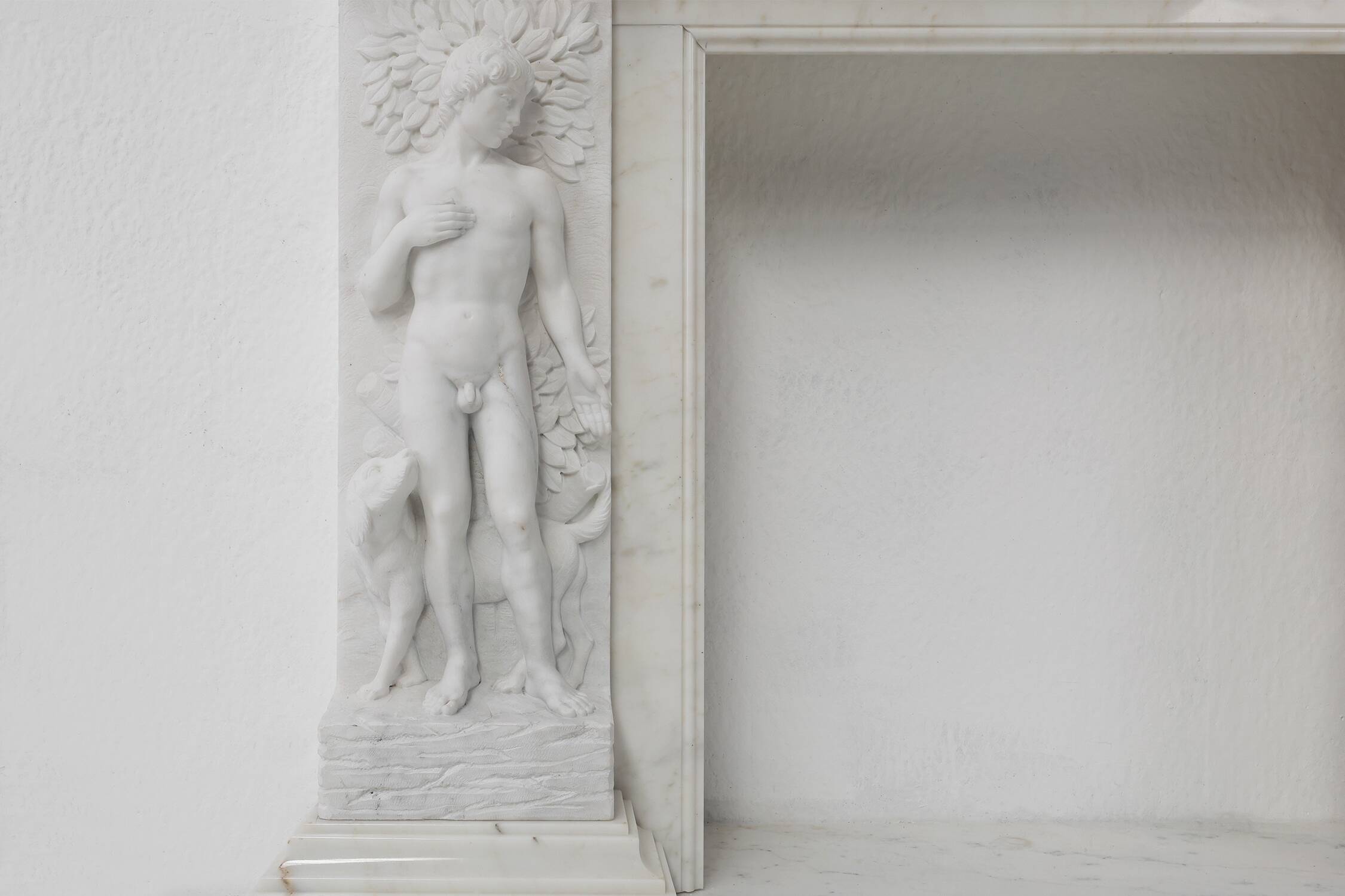 French Carrara marble fire place with Adam and Eve decoration