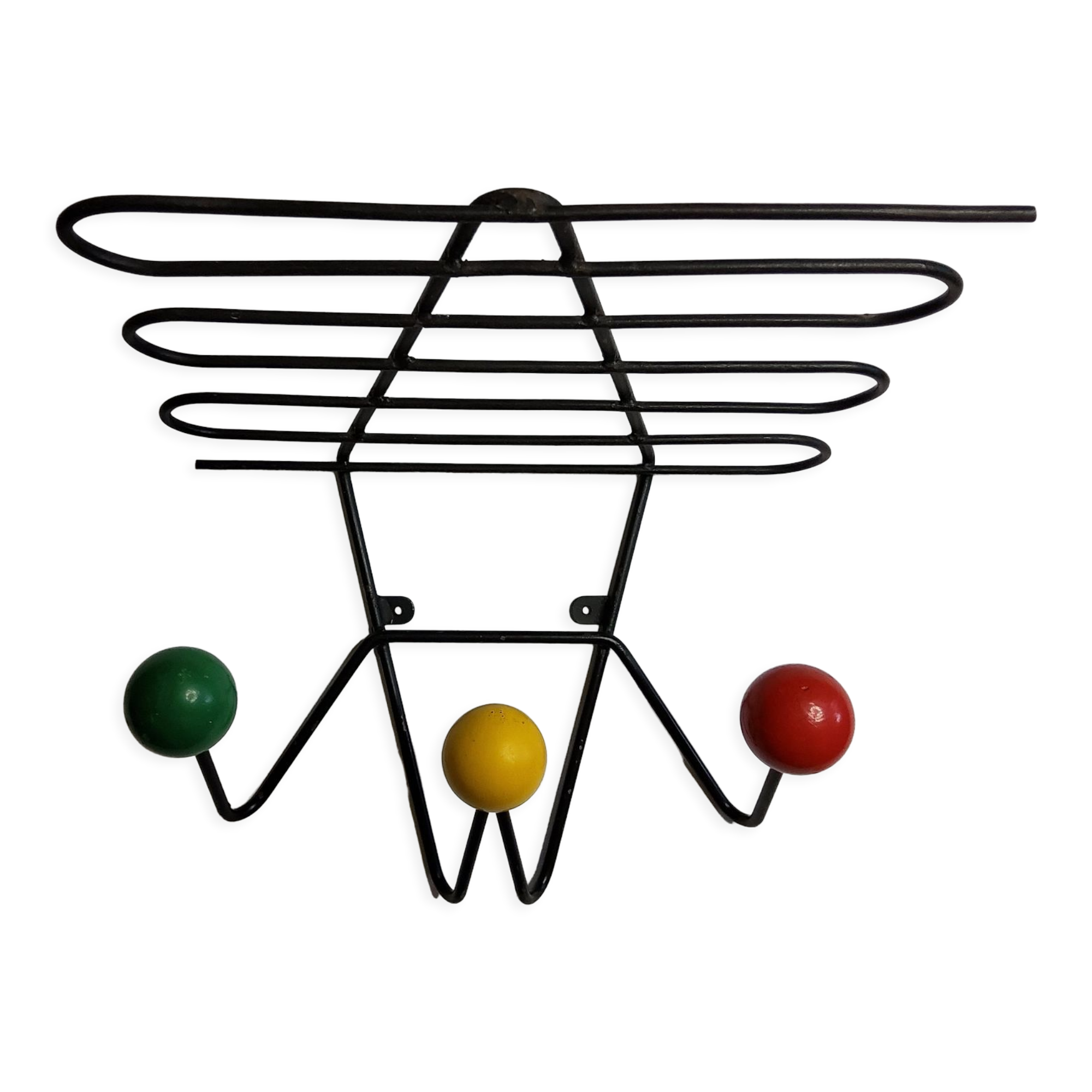 Portemanteau vintage en métal laqué noir et bois, design, 40 cm