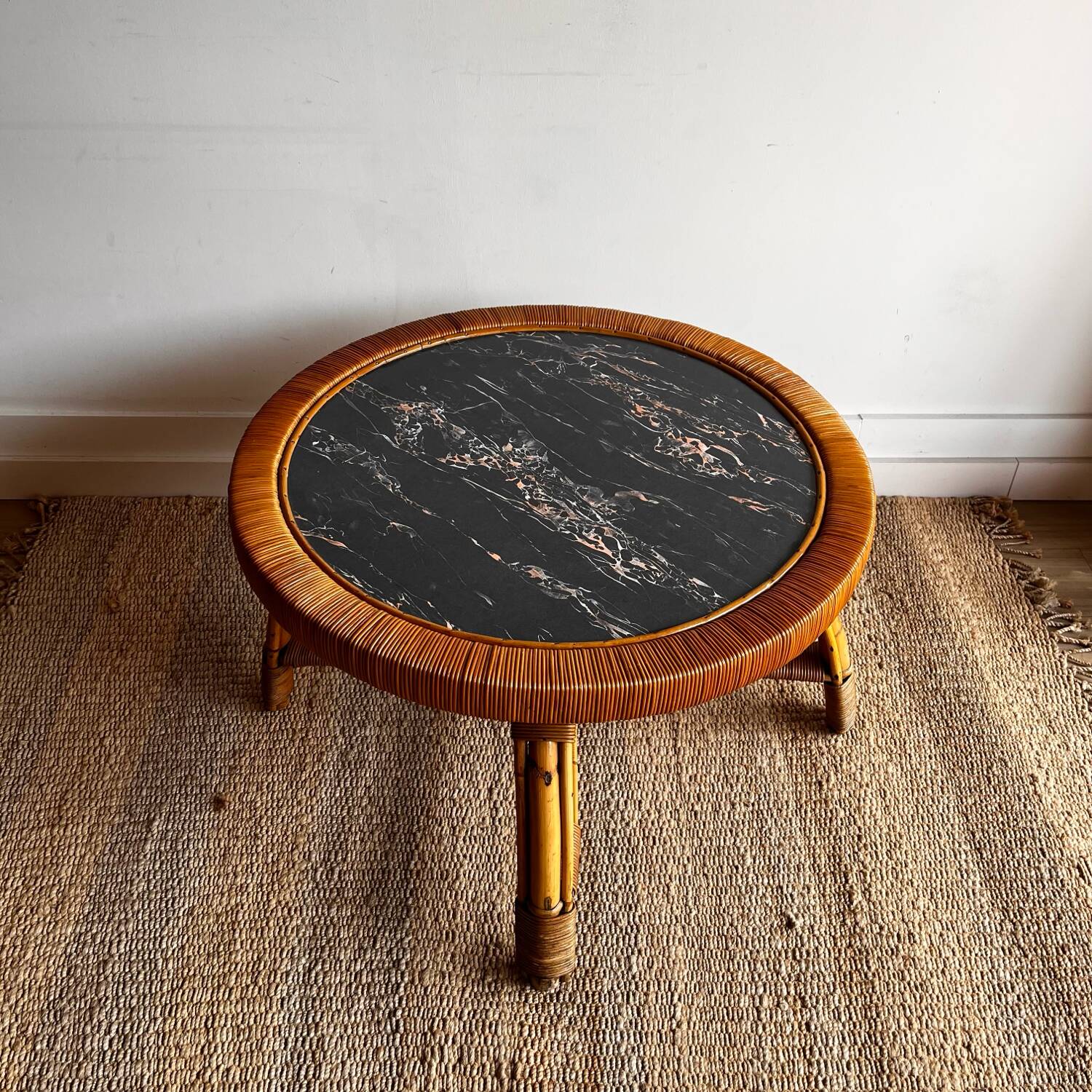 Rattan Bamboo Coffee table Marble top look