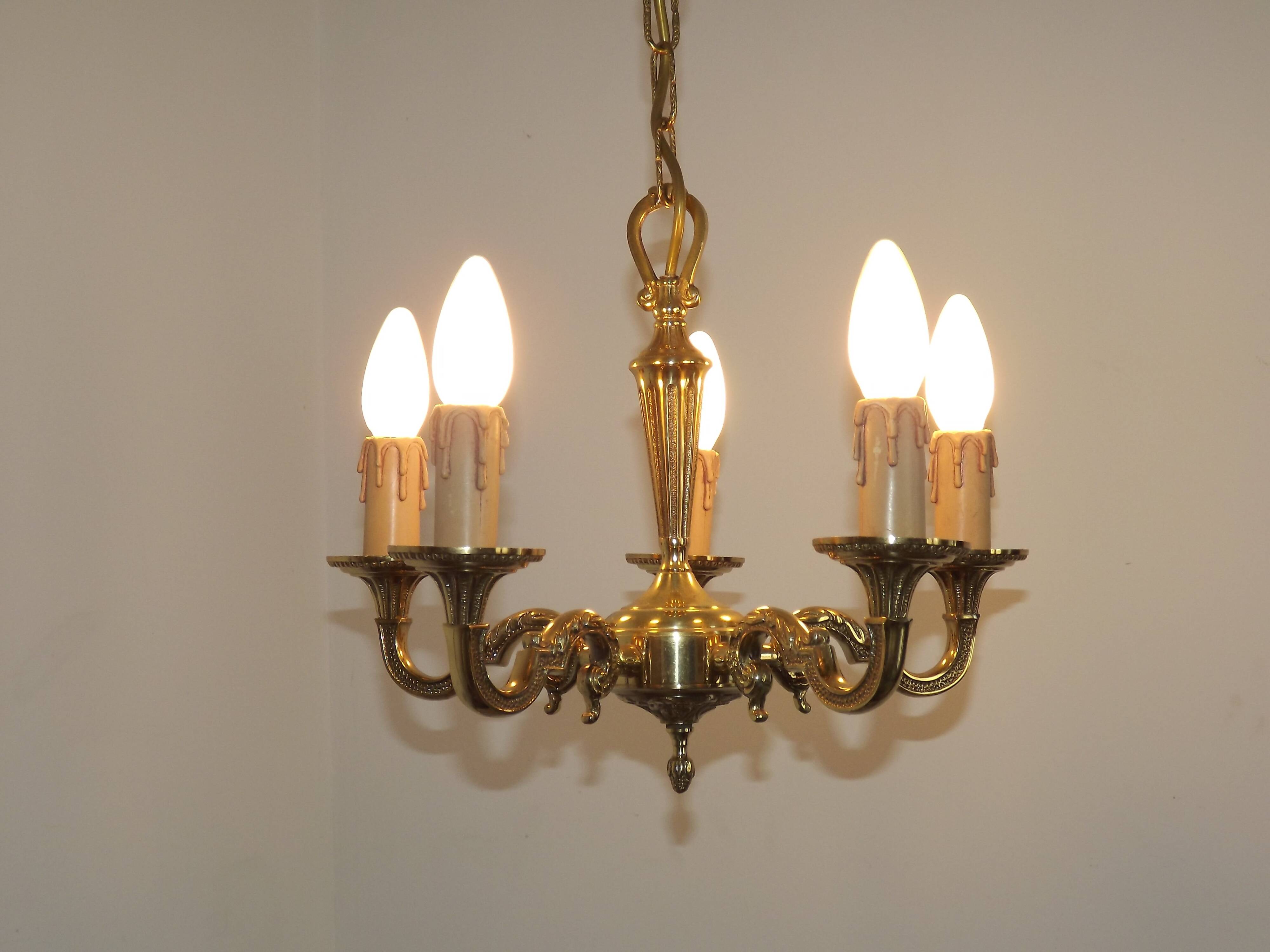 French Vintage 5 Light Quality Brass Chandelier with Scroll Acanthus Arms 5452