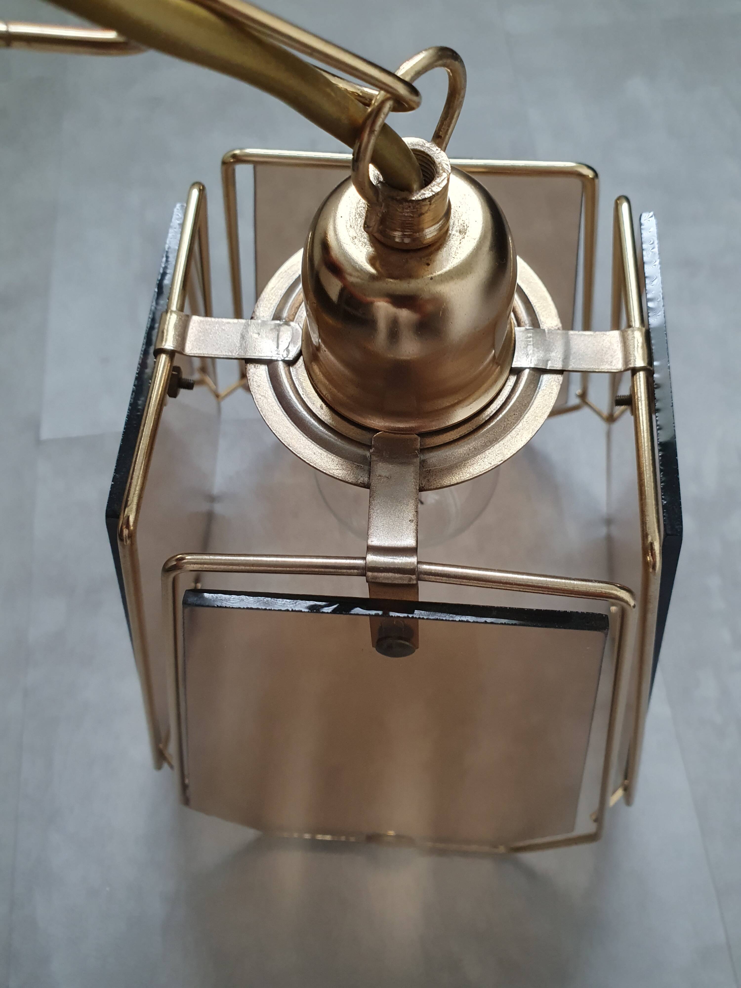 Vintage 70s chandelier in smoked glass and brass