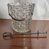 Vintage chiseled glass ice bucket with pliers