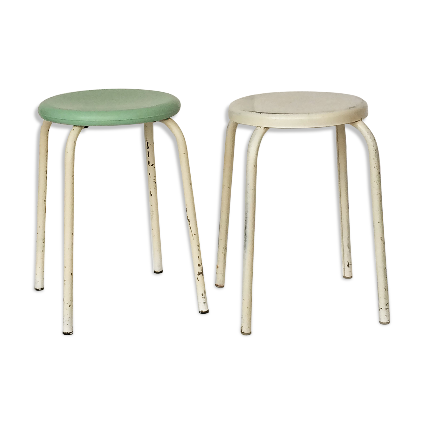 Two white and mint green stools