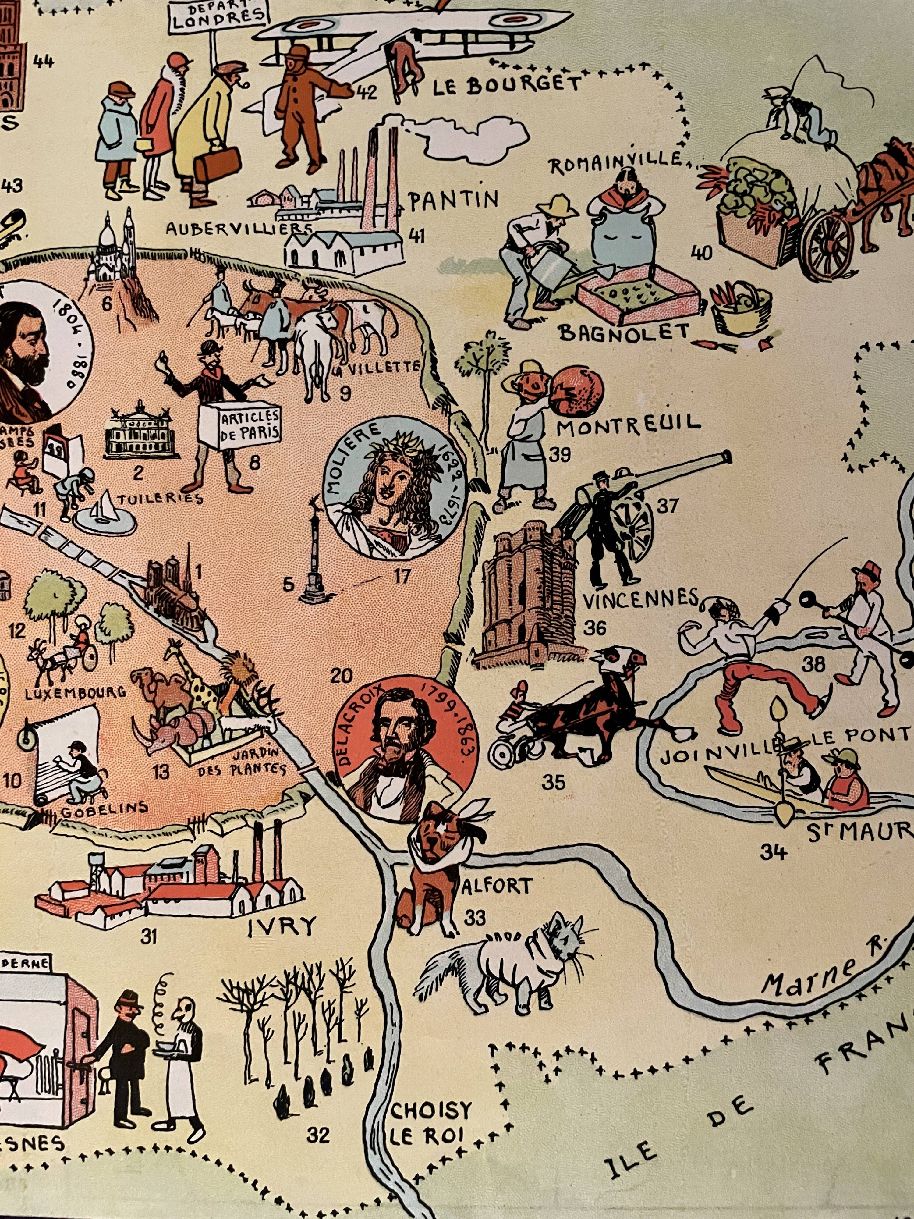 Old poster illustrated map of Paris 1939 - JP Pinchon