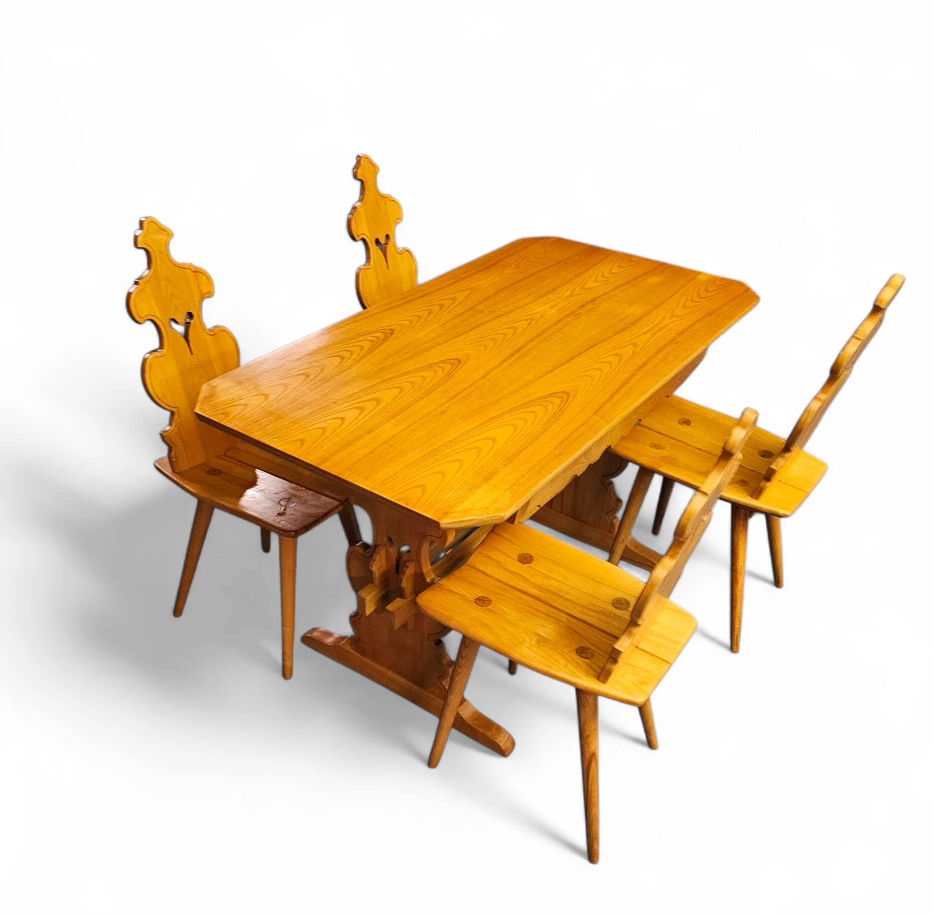 Chaises et table Cepelia Tiroler, ensemble de 5 pièces, Pologne, années 1960, marquées.