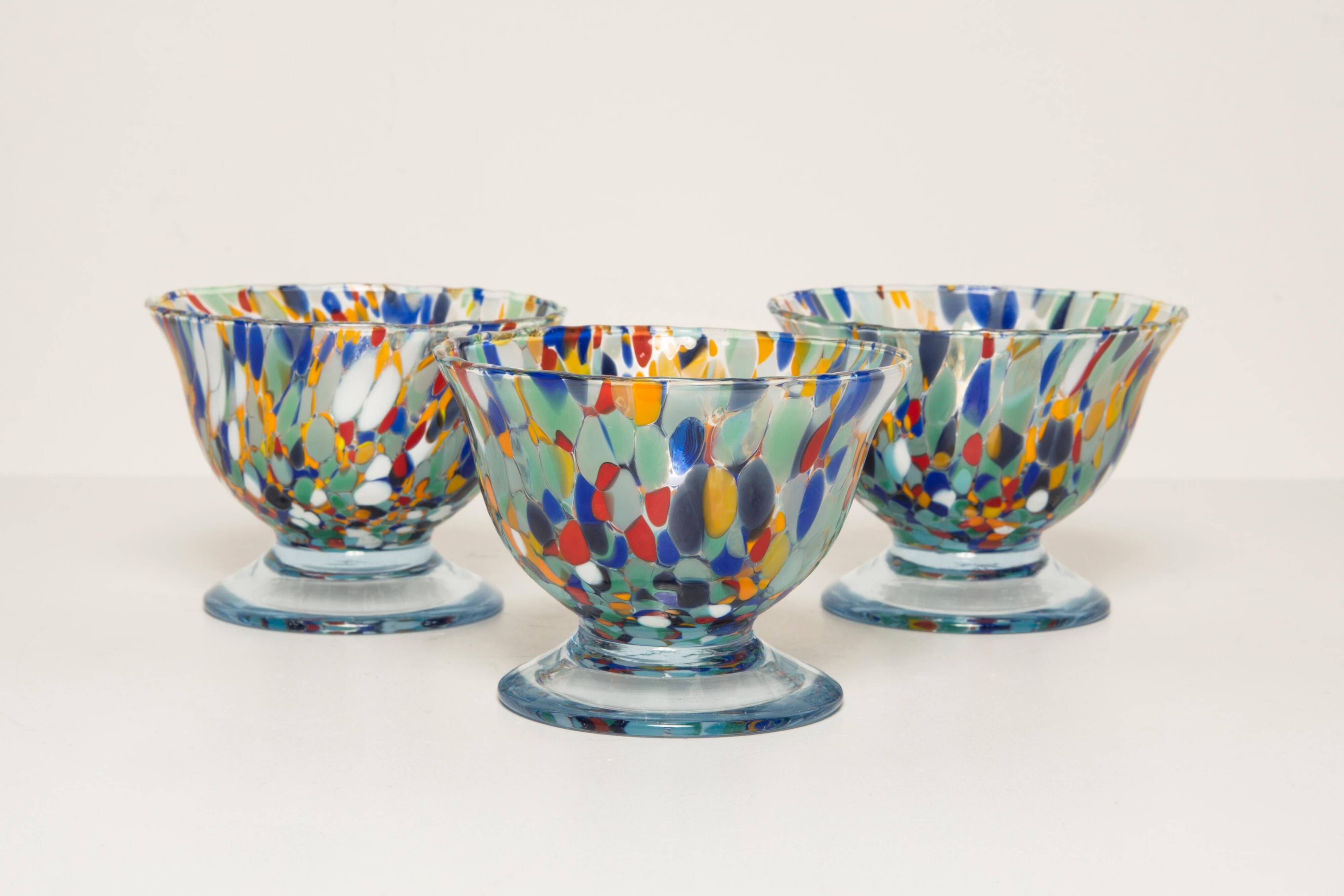 Set of three blue Murano glasses, ice cream bowls, Italy, Europe, 2000s