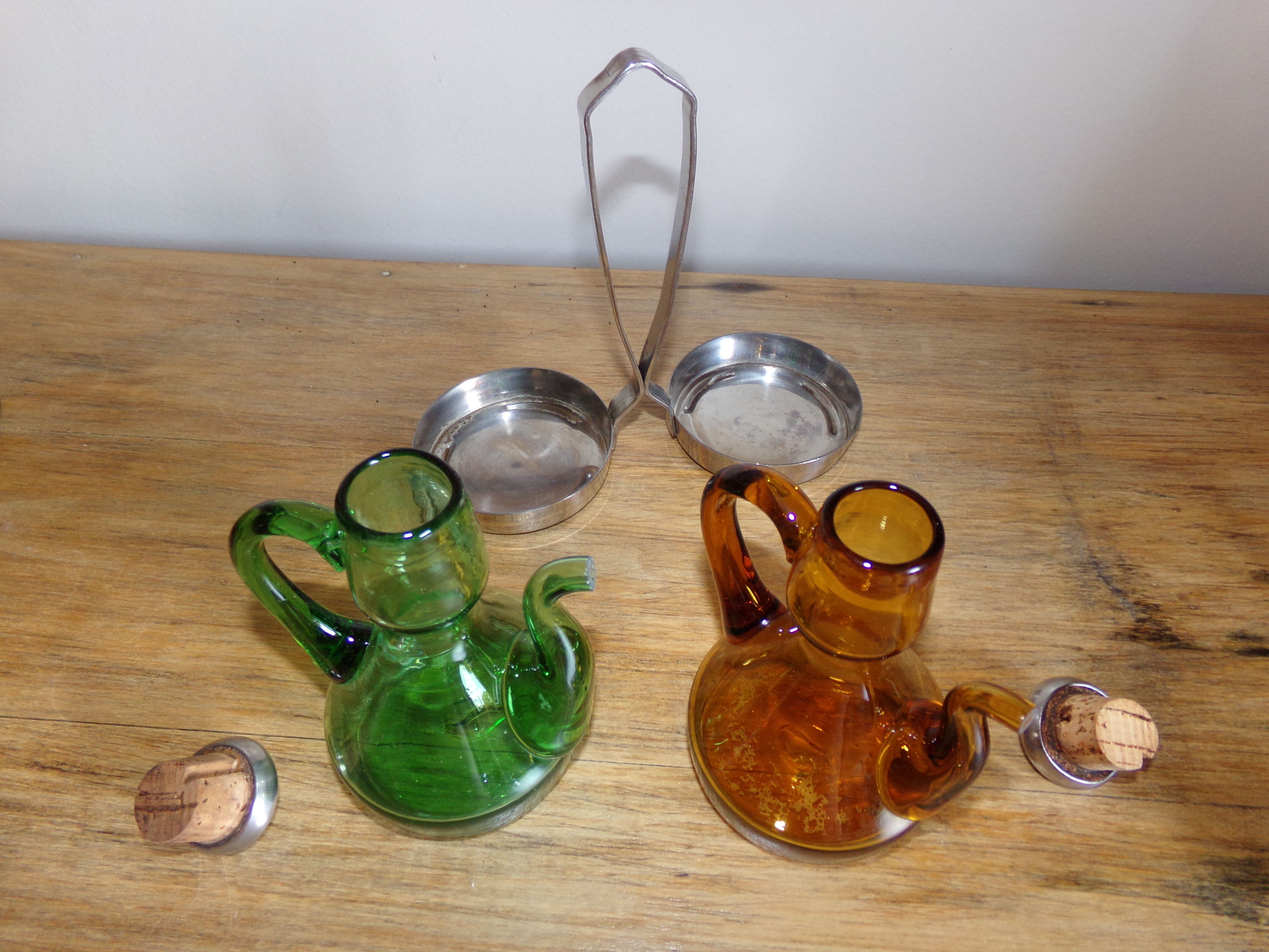Oil and winery in amber and green sulphur glass