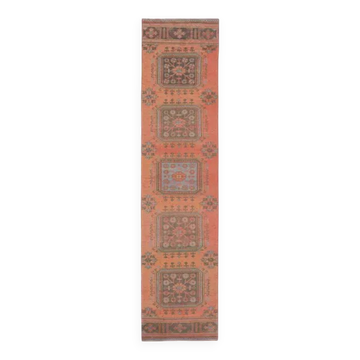 Vintage Turkish Hand-Knotted Wool Cotton Brown Runner Rug 80x336