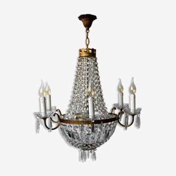 Hot air balloon chandelier with tassels and prisms, 9 lights, Louis XVI style.