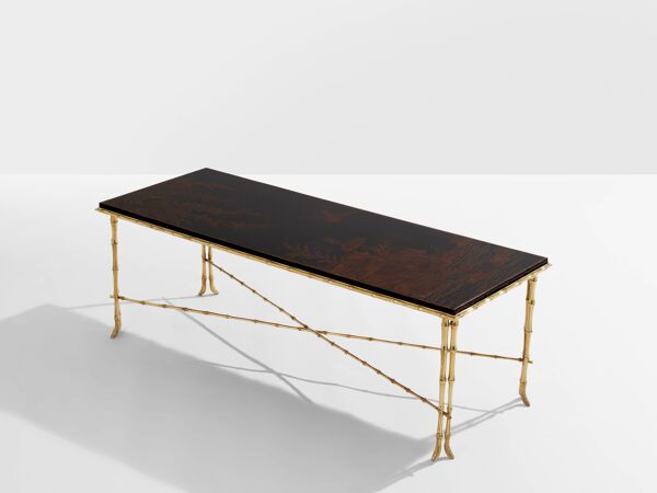 Table basse bambou laiton laque de Chine Maison Baguès 1950