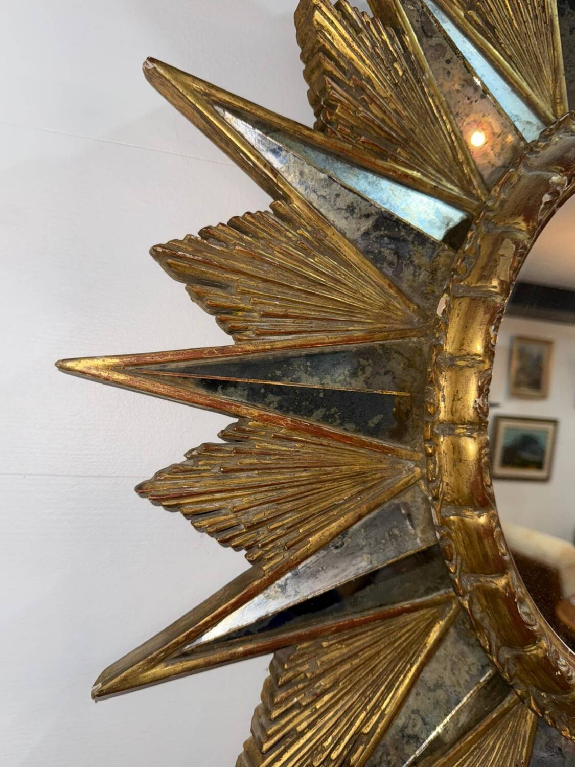 Miroir soleil doré a rayons en bois - années 50