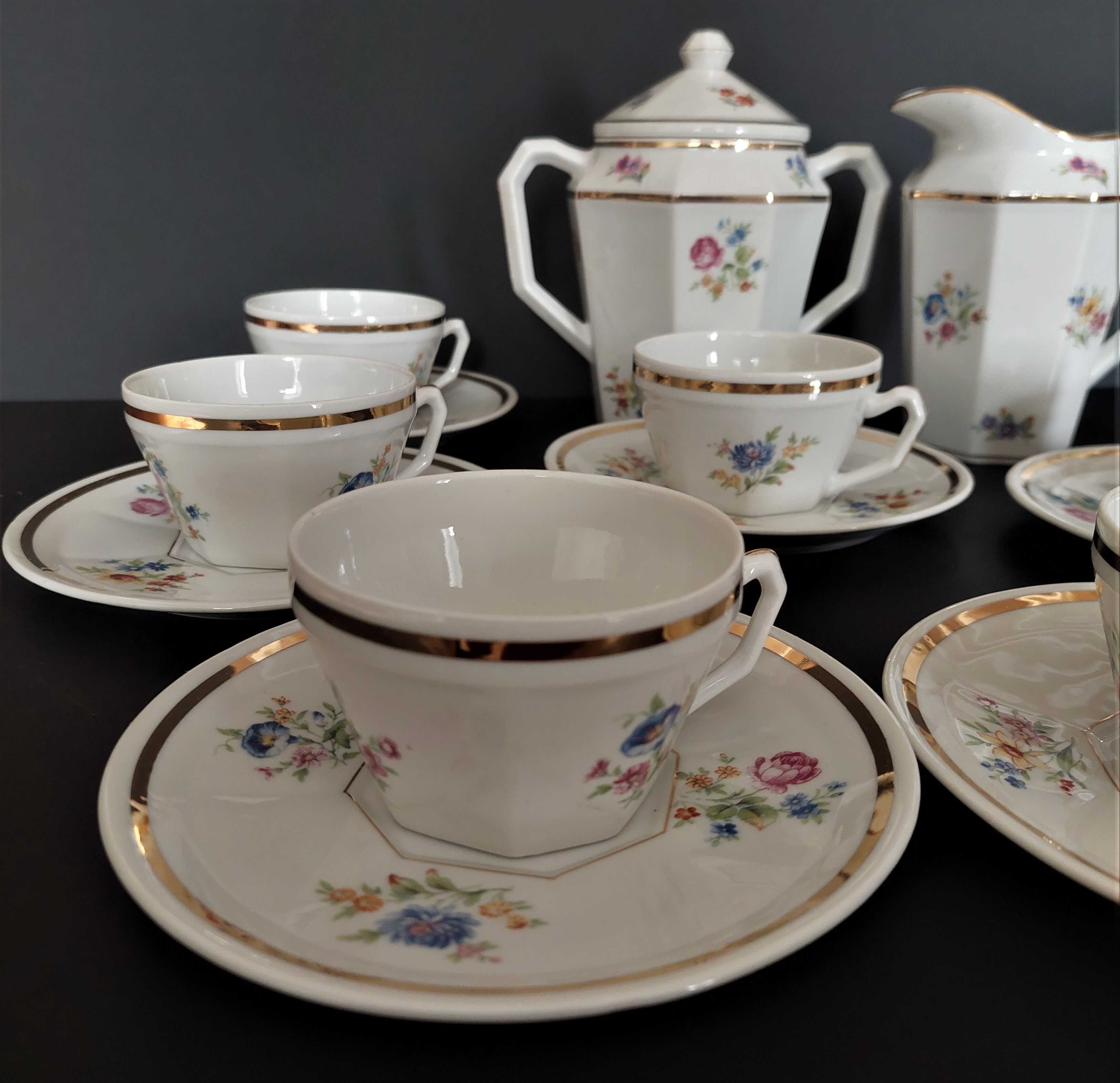 Tea set six cups Limoges porcelain floral decoration