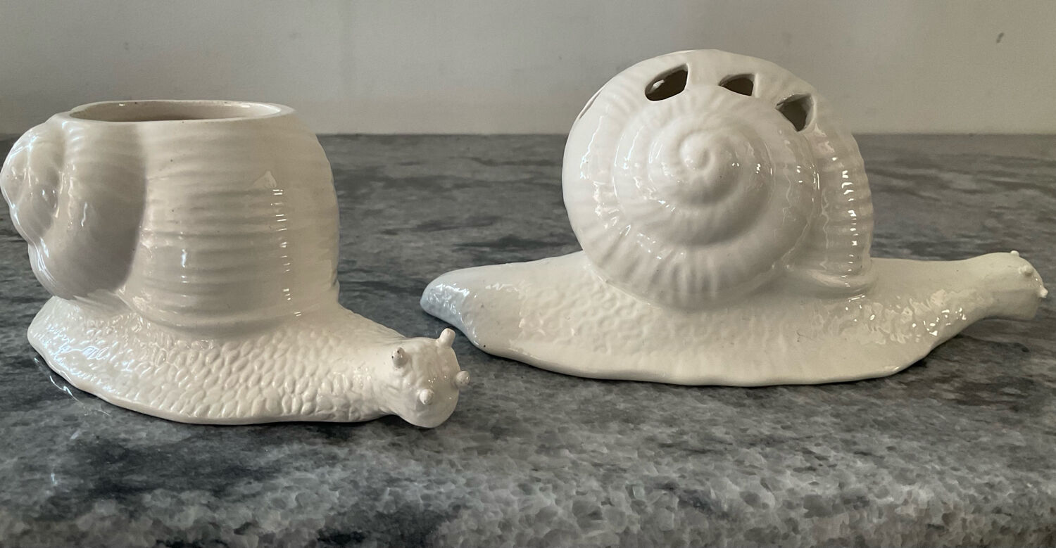 Pair of vintage Italian ceramic flowers and snails