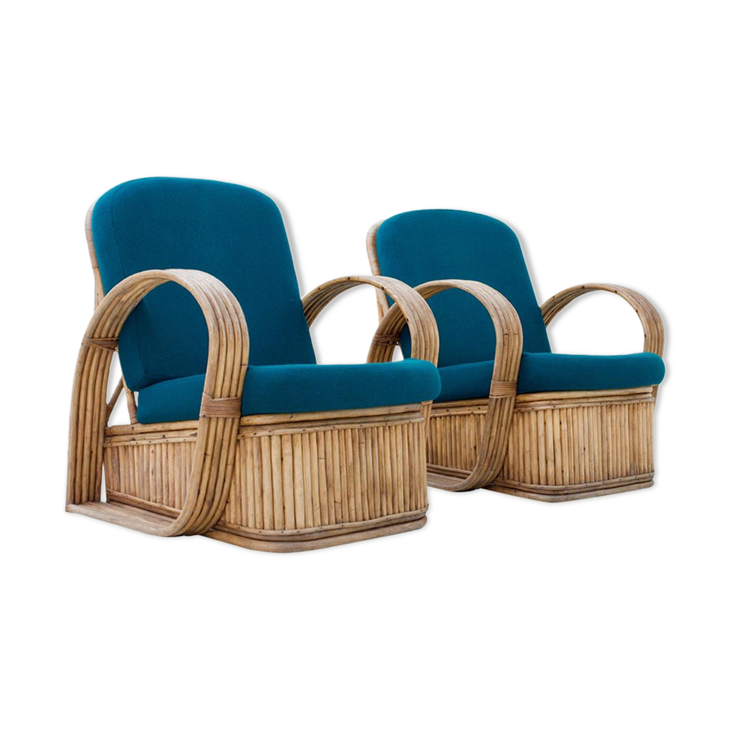 Set of 2 rattan chairs in green wool Italy 1950