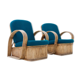 Set of 2 rattan chairs in green wool Italy 1950