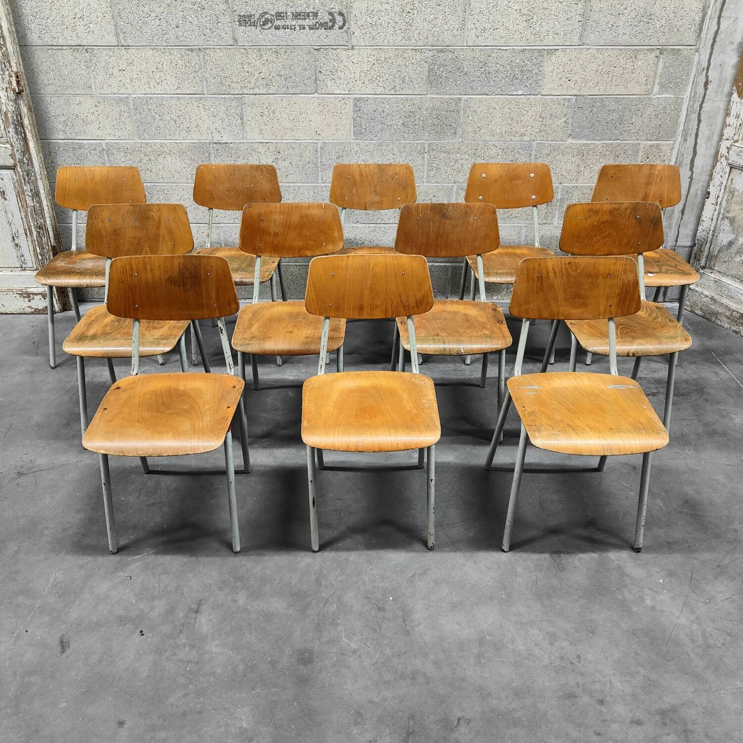 Set of 12 metal and wood school chairs Czechoslovakia Kovona