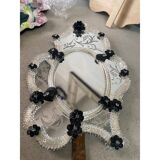 Venetian Black Floreal Hand-Carving Mirror in Murano Glass Style