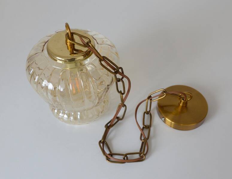 Vintage old gold pendant light, amber glass, 1960s chain lamp