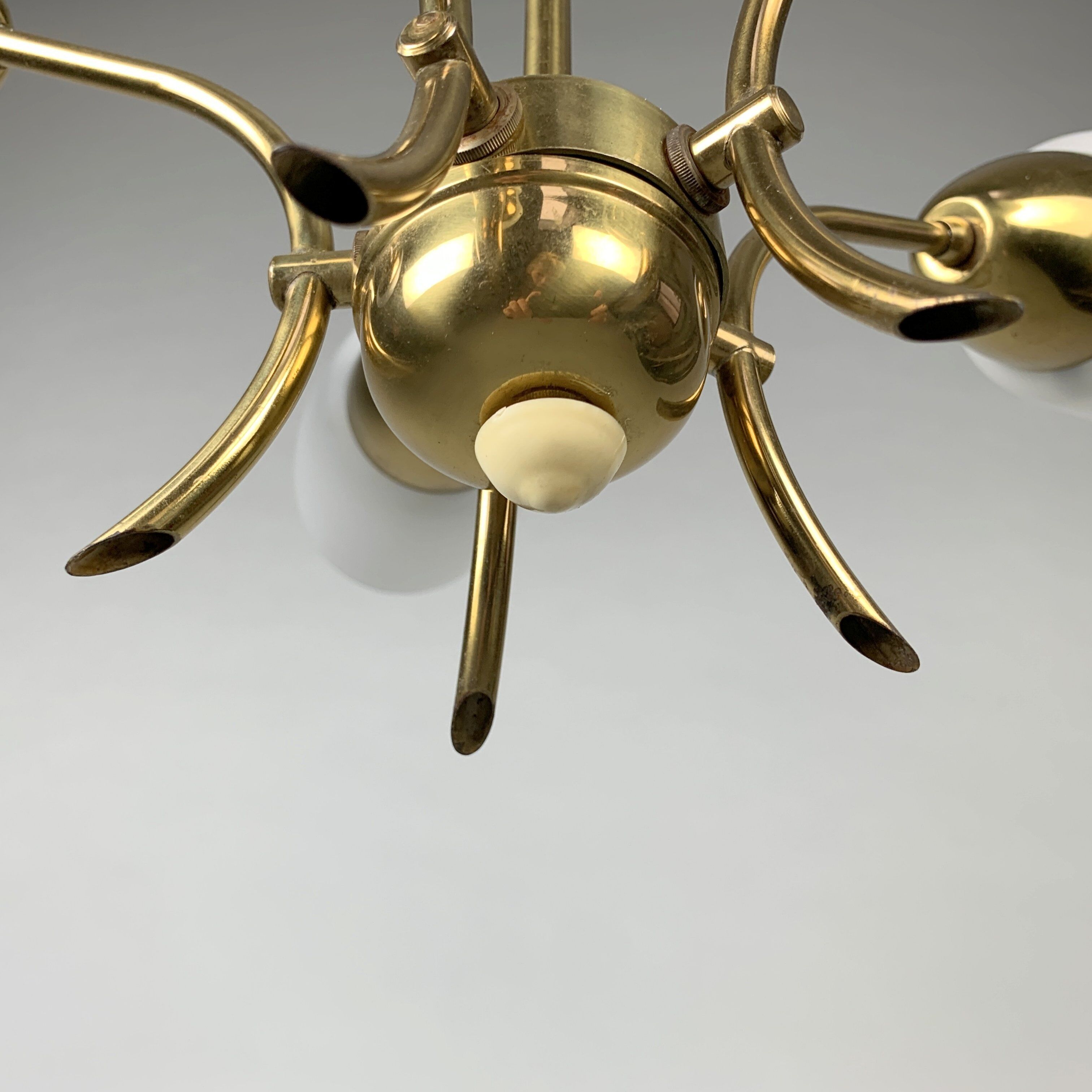 Brass and white glass chandelier, 1980