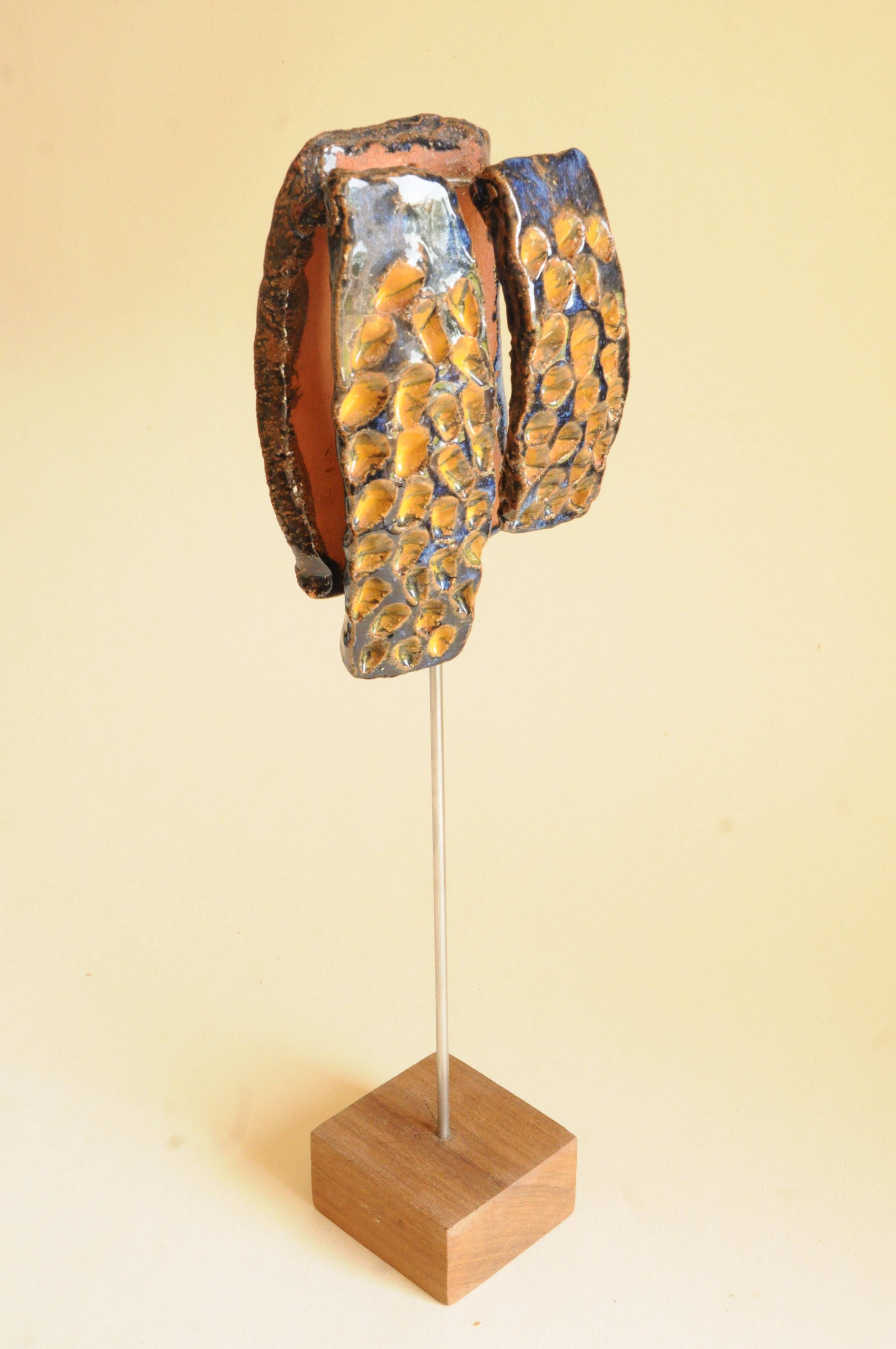 Glazed Terracotta Sculpture Signed - Abstract Art - Blue Amber