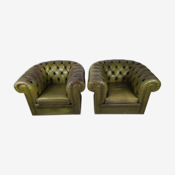 Pair of Chesterfield green leather armchairs