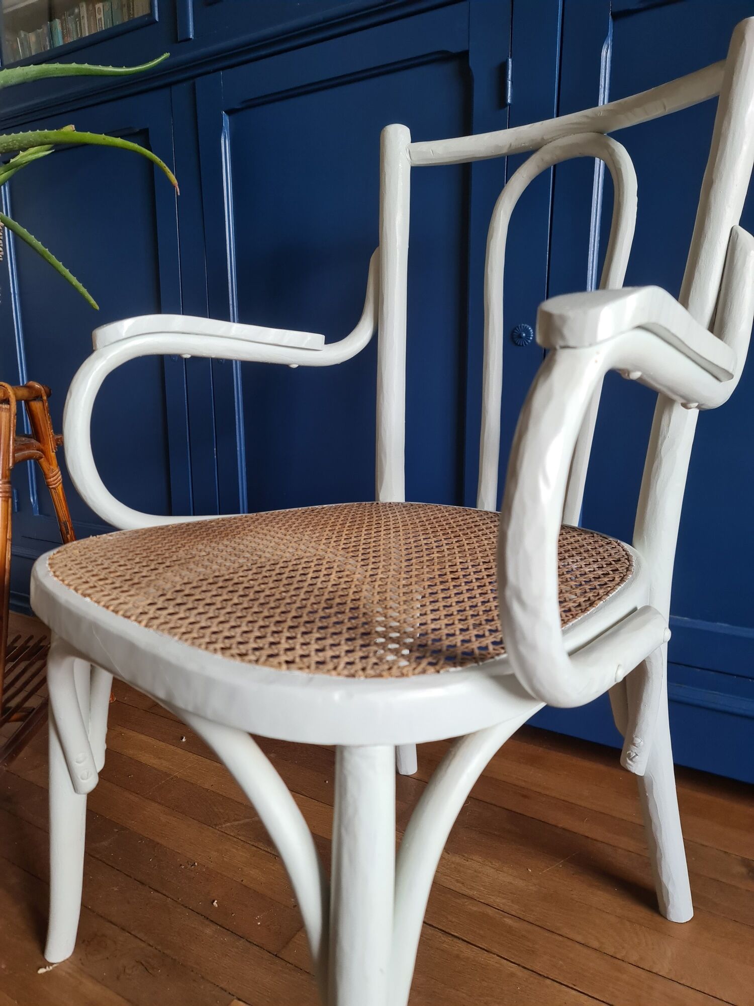 Chair / armchair cannage and wood painted shaby vintage