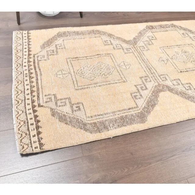 Vintage Beige Turkish Hand-Knotted Runner 83X348
