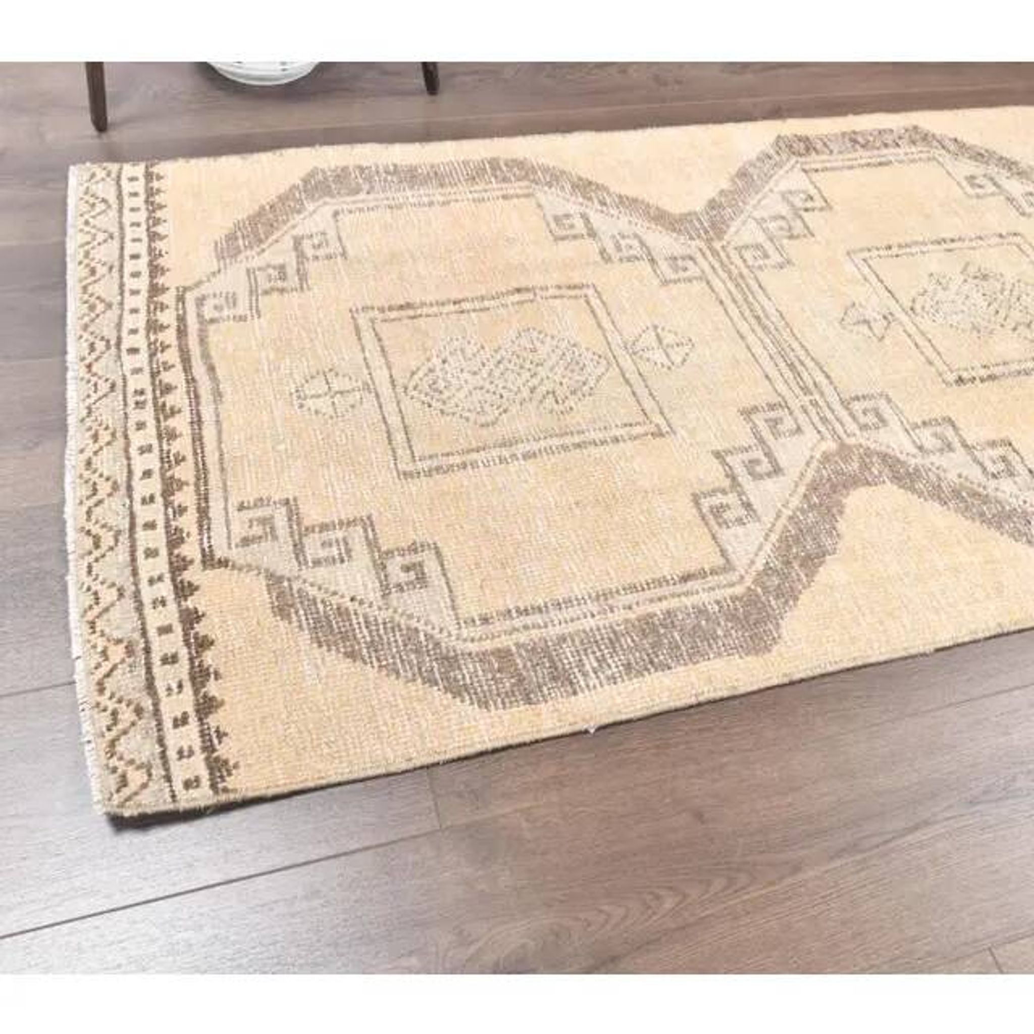 Vintage Beige Turkish Hand-Knotted Runner 83X348