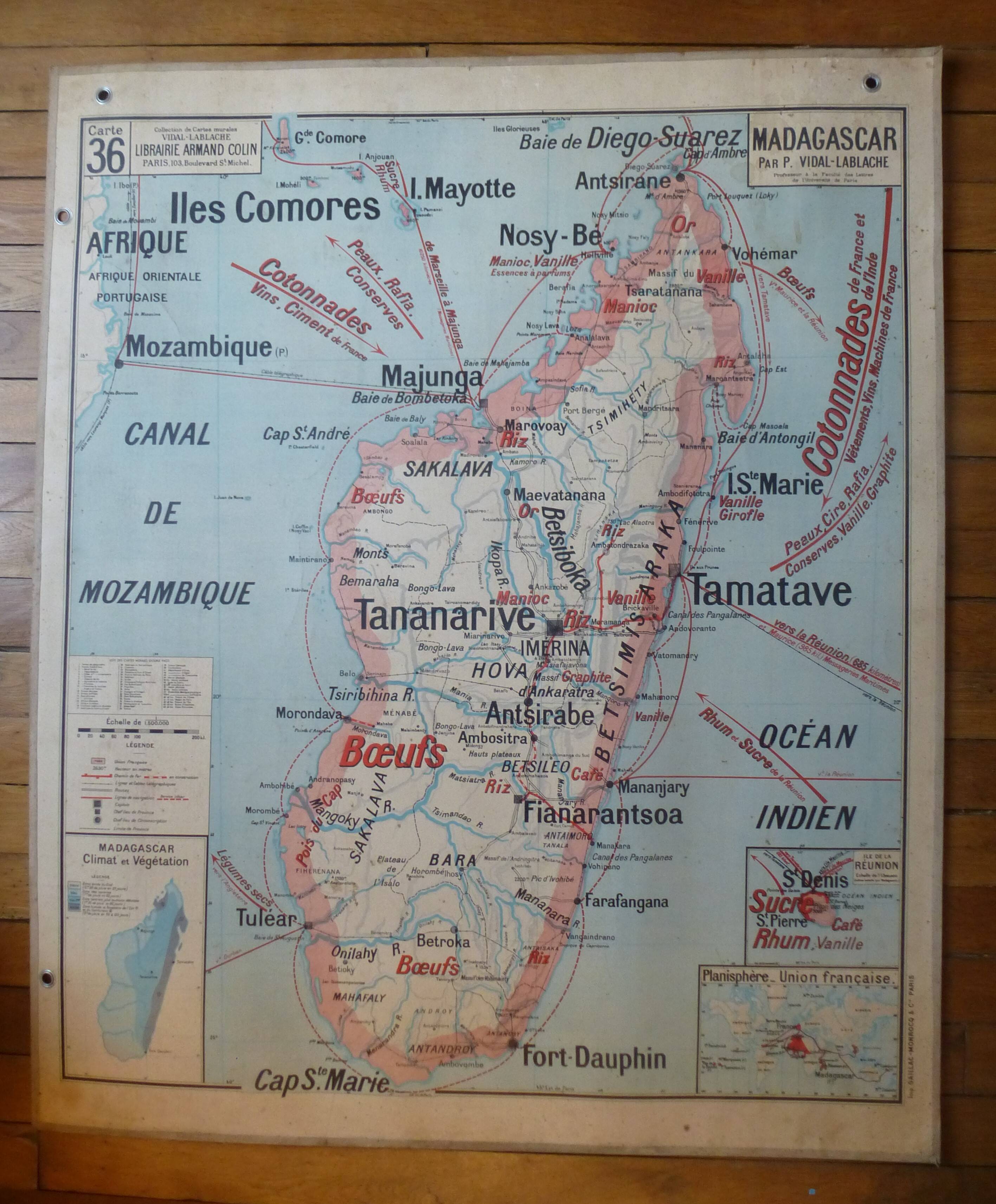 Old Madagascar / Indochina school map, ed. Vidal-Lablache 1930