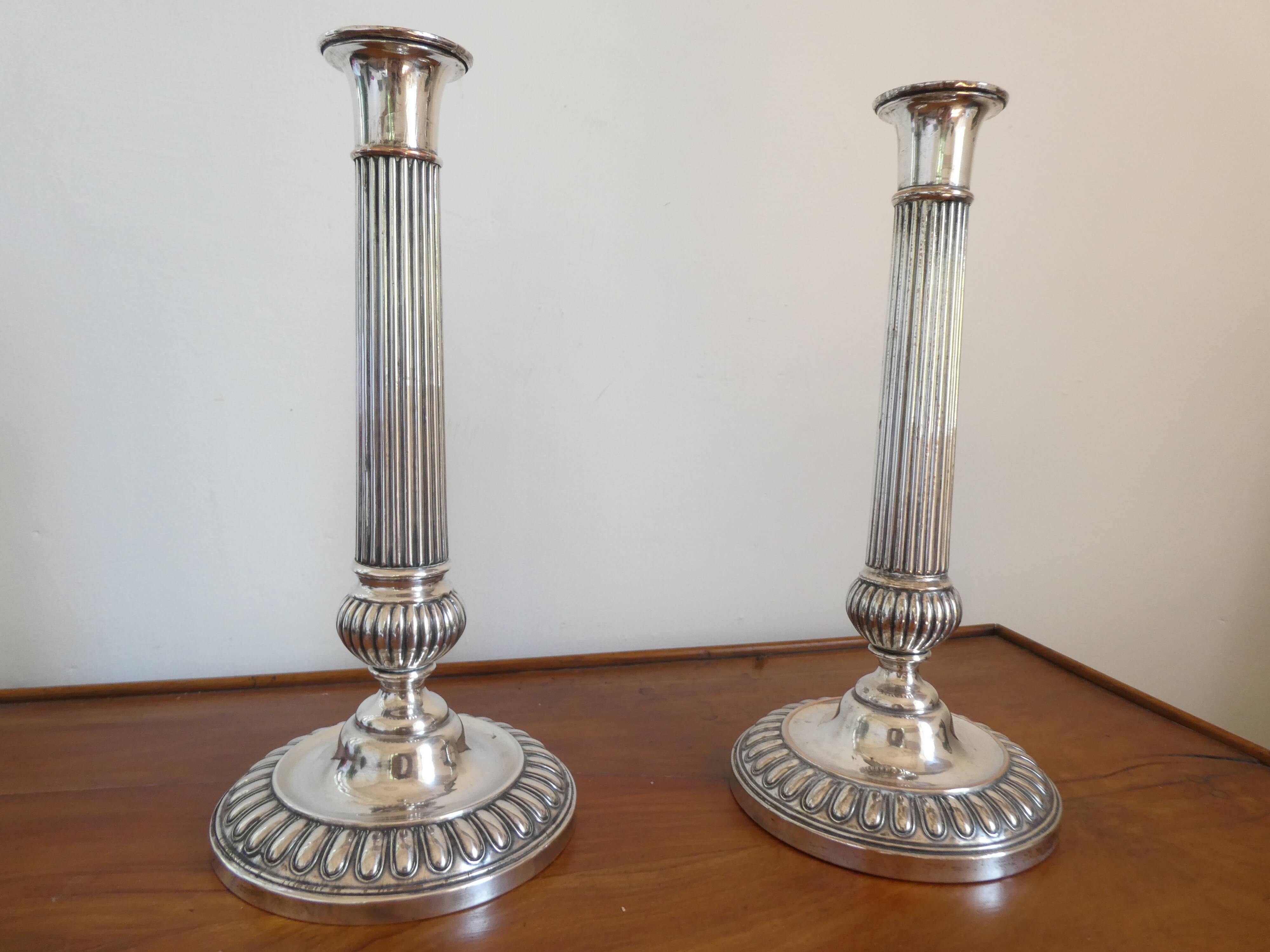 Antique pair of 19th century silver-plated metal candlesticks, 27 cm
