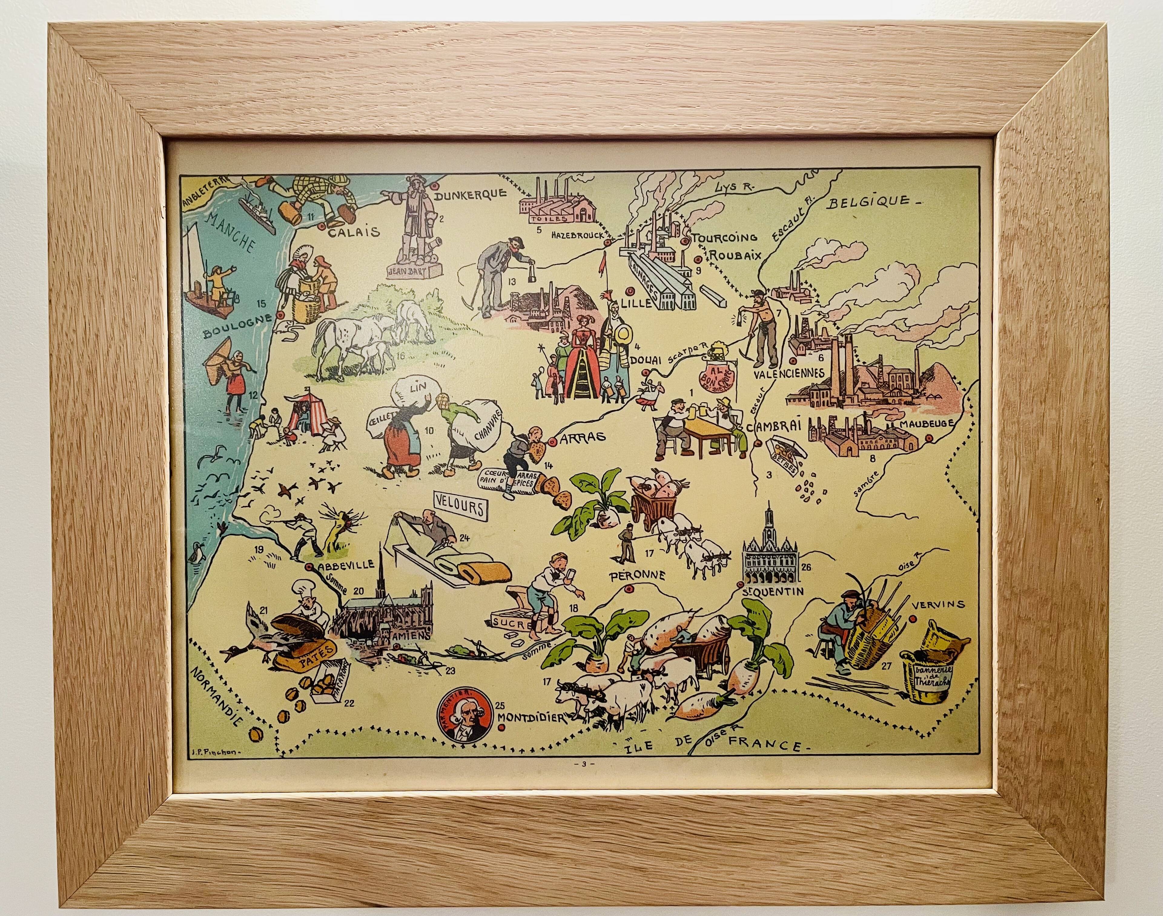 Old illustrated map of Flanders Artois Picardy 1948 - JP Pinchon