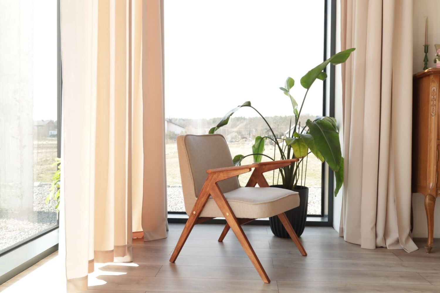 Vintage Lounge Chair Beige Wool Upholstery