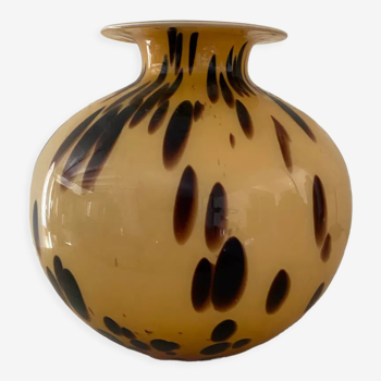 Vase verre d'art de style écaille de tortue jaune doré pate de verre 1970