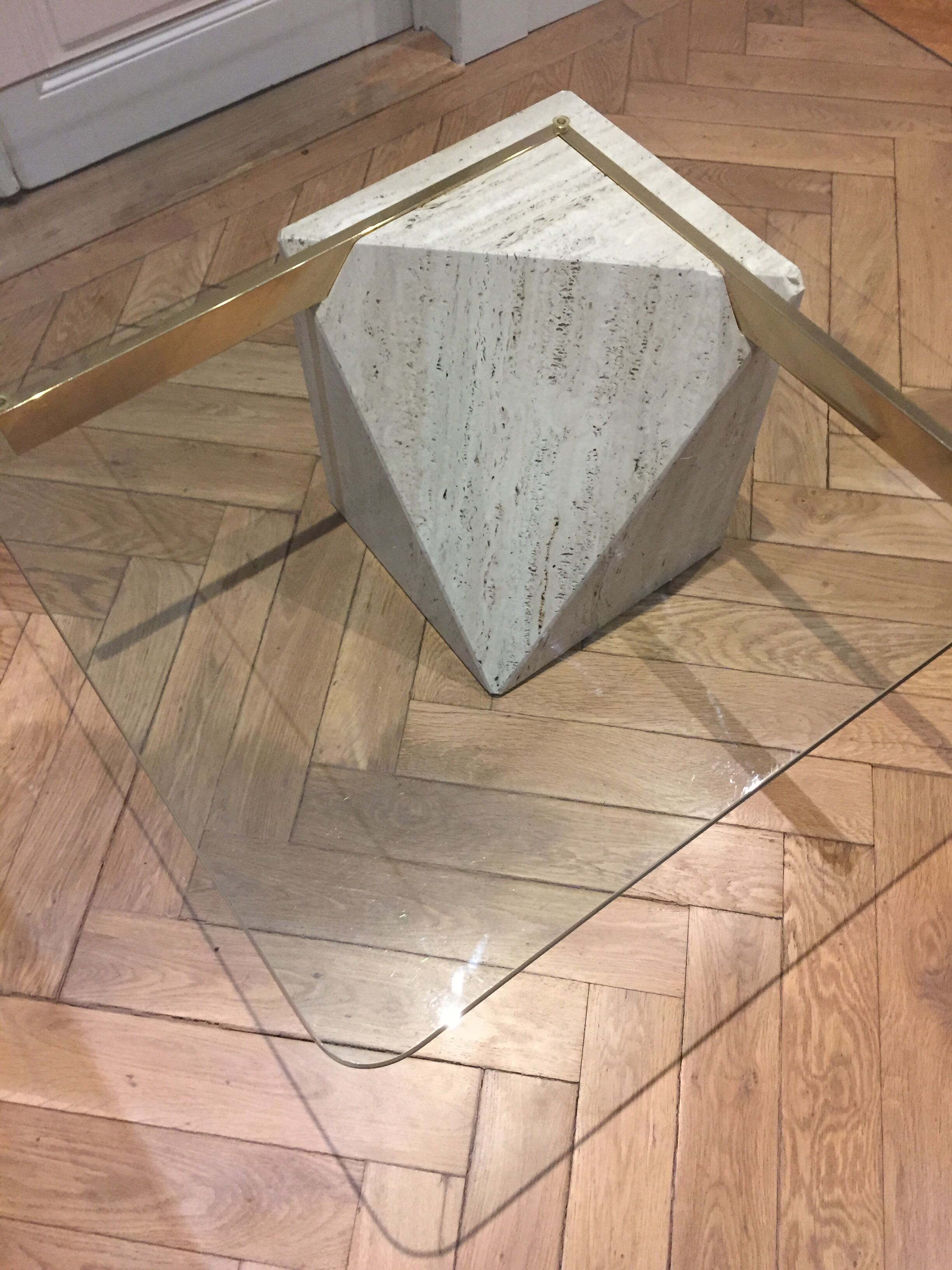 Artedi Italy coffee table in travertine, brass and glass 1970s