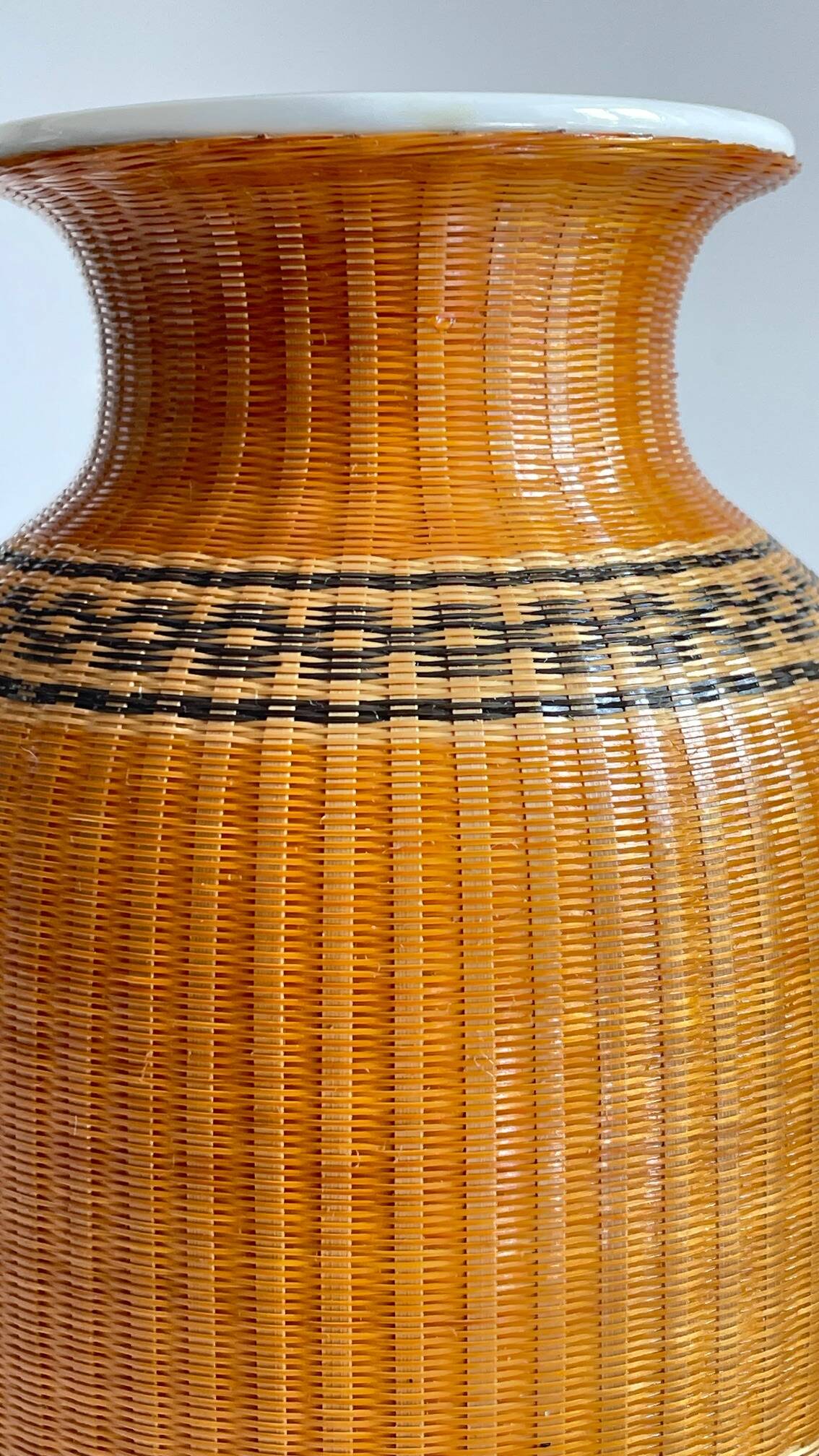 VINTAGE Woven Bamboo and Fine Porcelain VASE