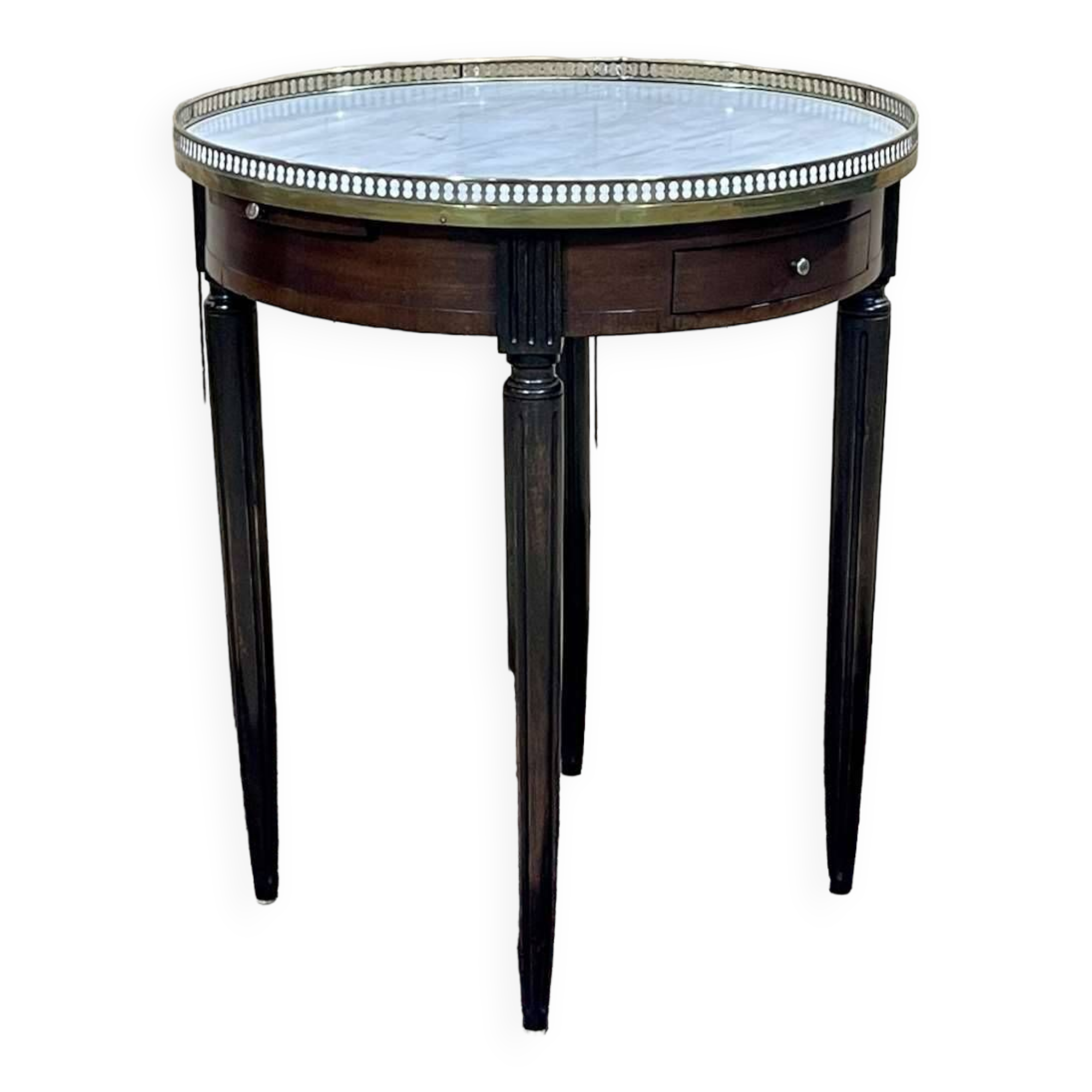 Louis XVI style mahogany bouillotte table from the 1950s with a marble top