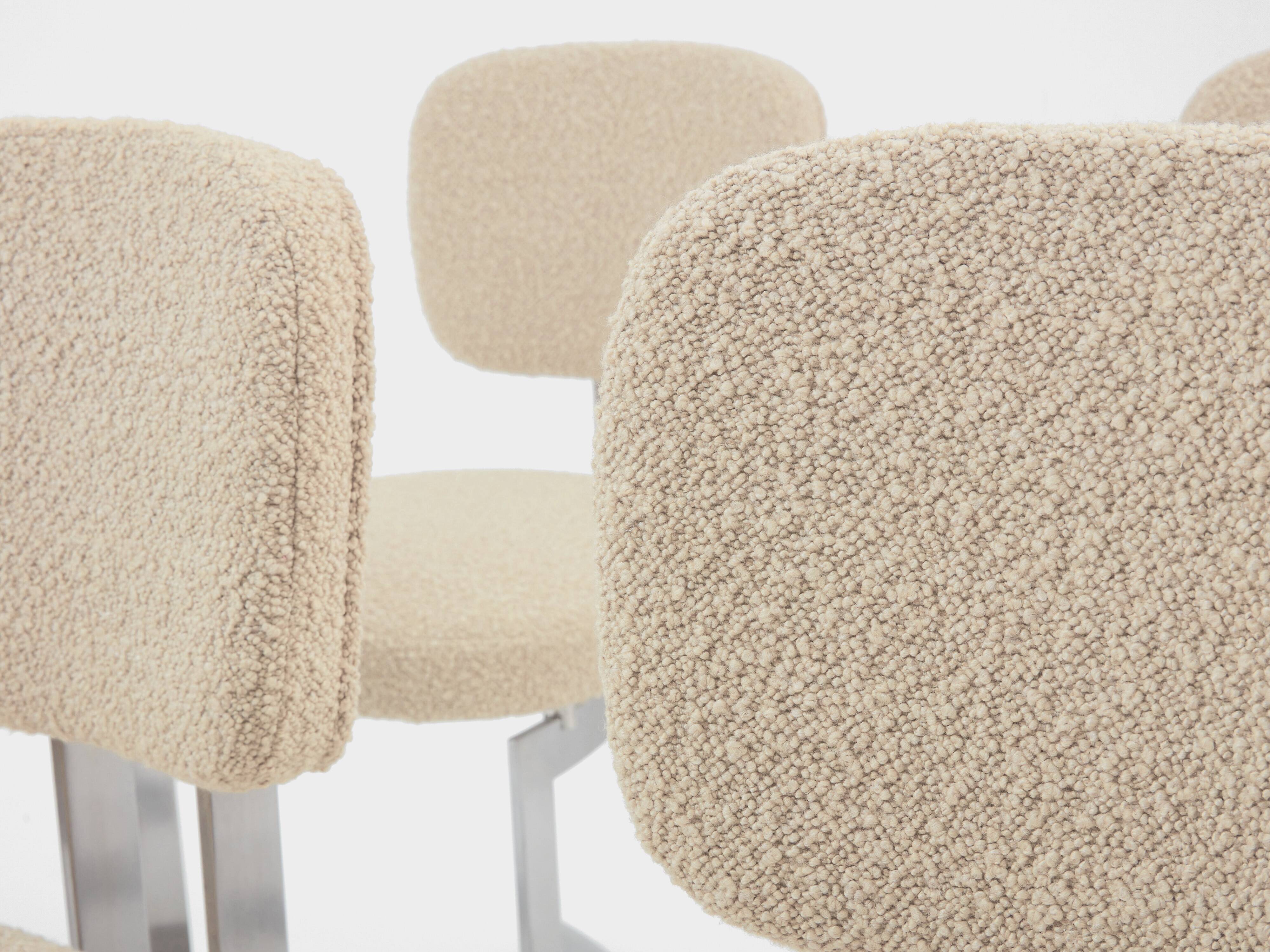 Paul Legeard set of 12 stainless steel and curly wool chairs 1970