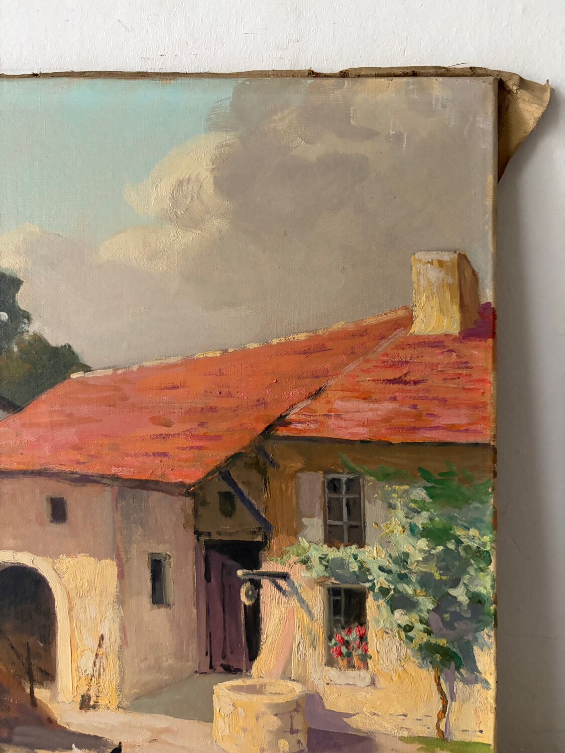 Country house with chickens, oil on canvas signed Perrot.