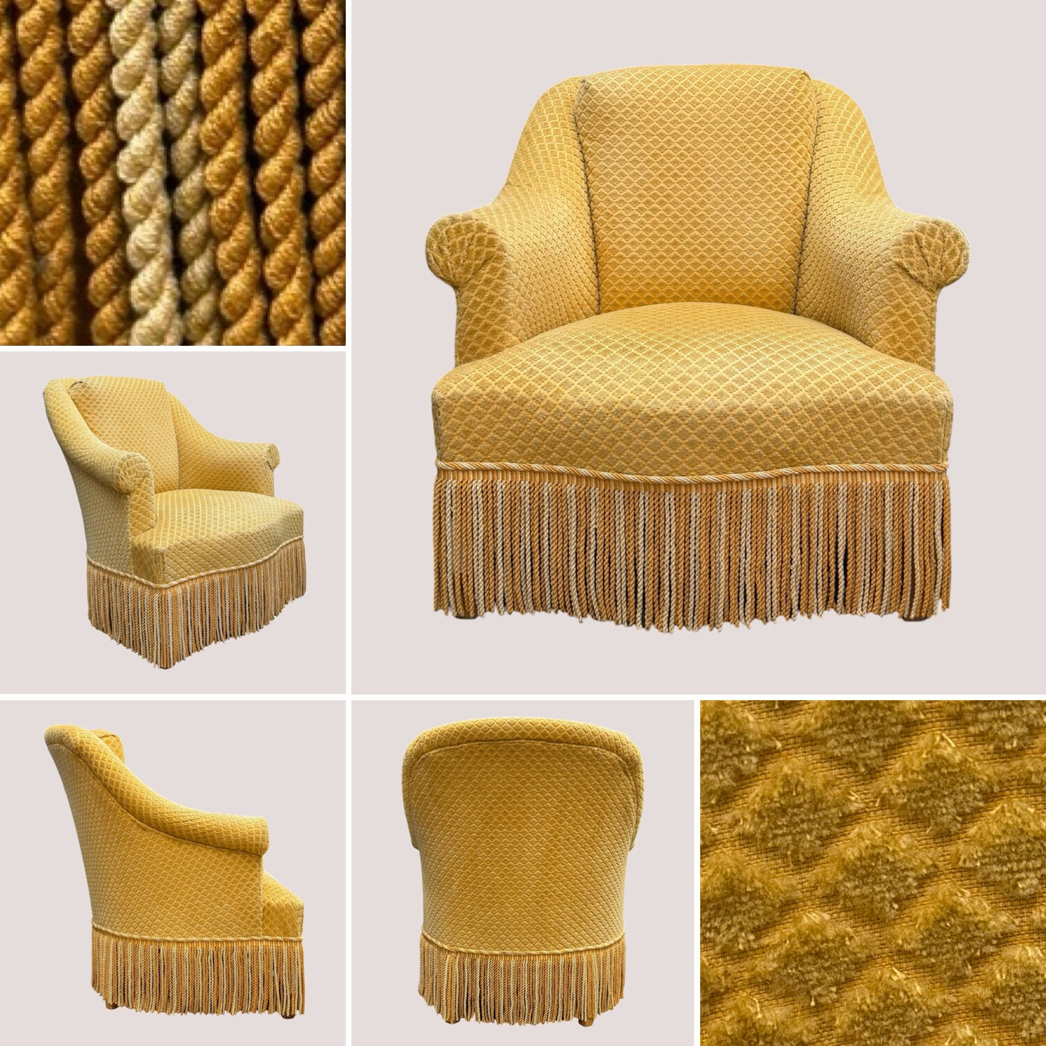 Fauteuil crapaud vintage jaune moutarde velours floqué