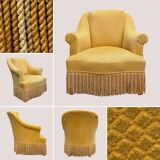 Fauteuil crapaud vintage jaune moutarde velours floqué
