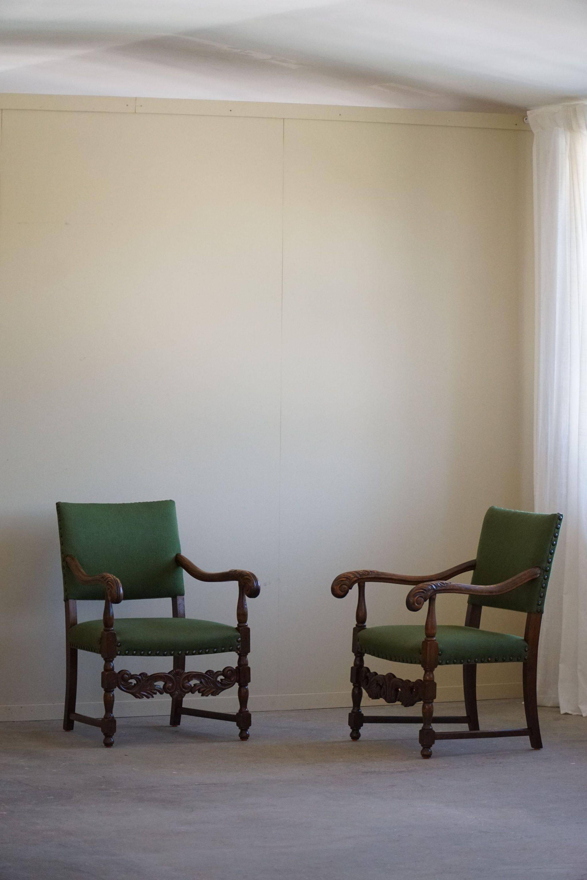 Oak and wool armchairs, Louis XIII style, by a French cabinetmaker from the 1930s.