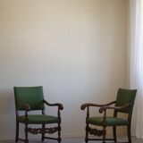 Oak and wool armchairs, Louis XIII style, by a French cabinetmaker from the 1930s.