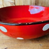 Red ceramic salad bowl with white polka dots