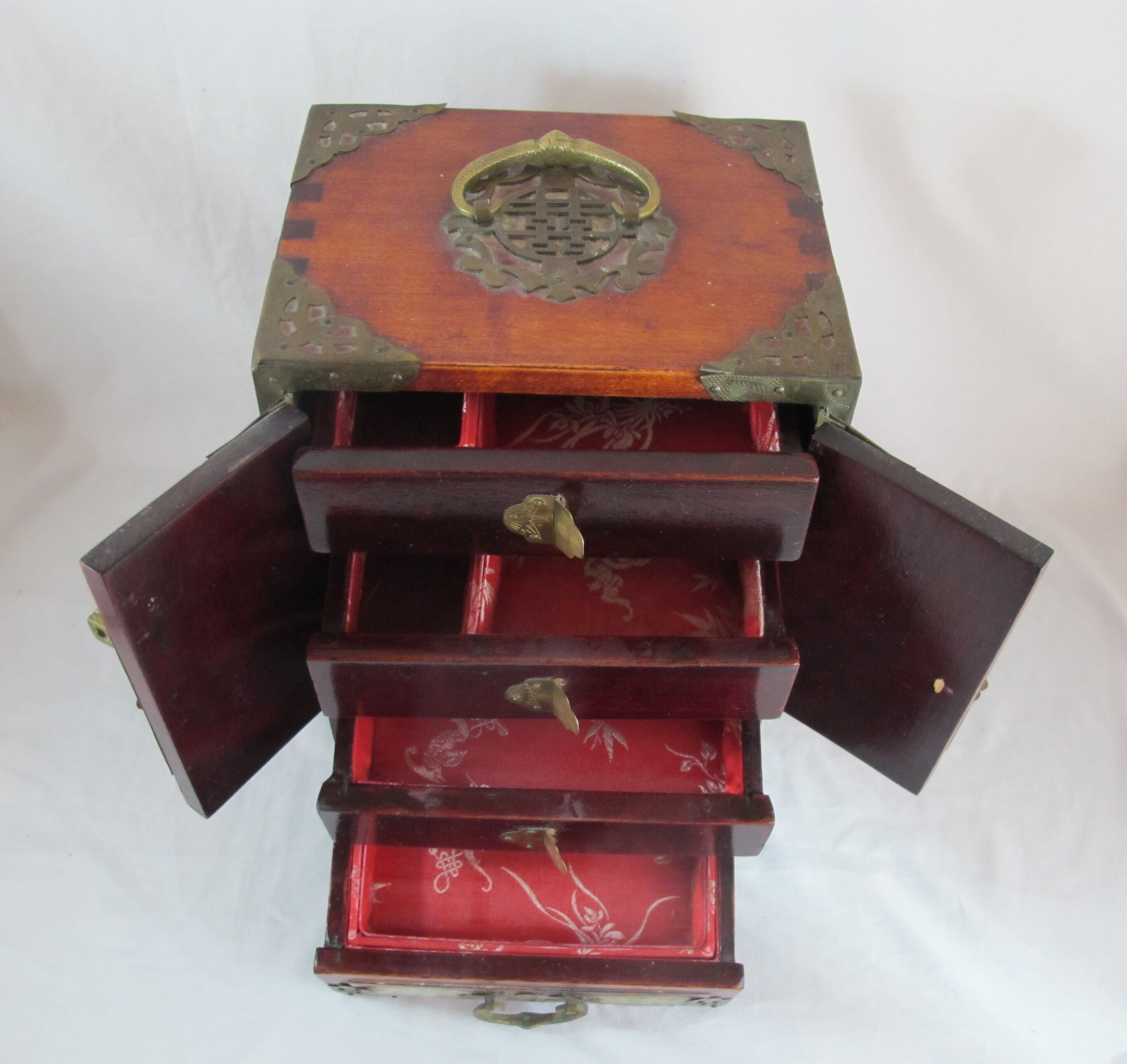 Chinese wooden jewelry box adorned with jade plates