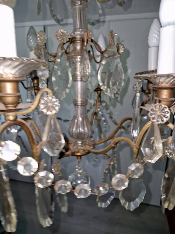 Brass chandelier with glass shaft, crystal tassel plates and daggers - 6 lights