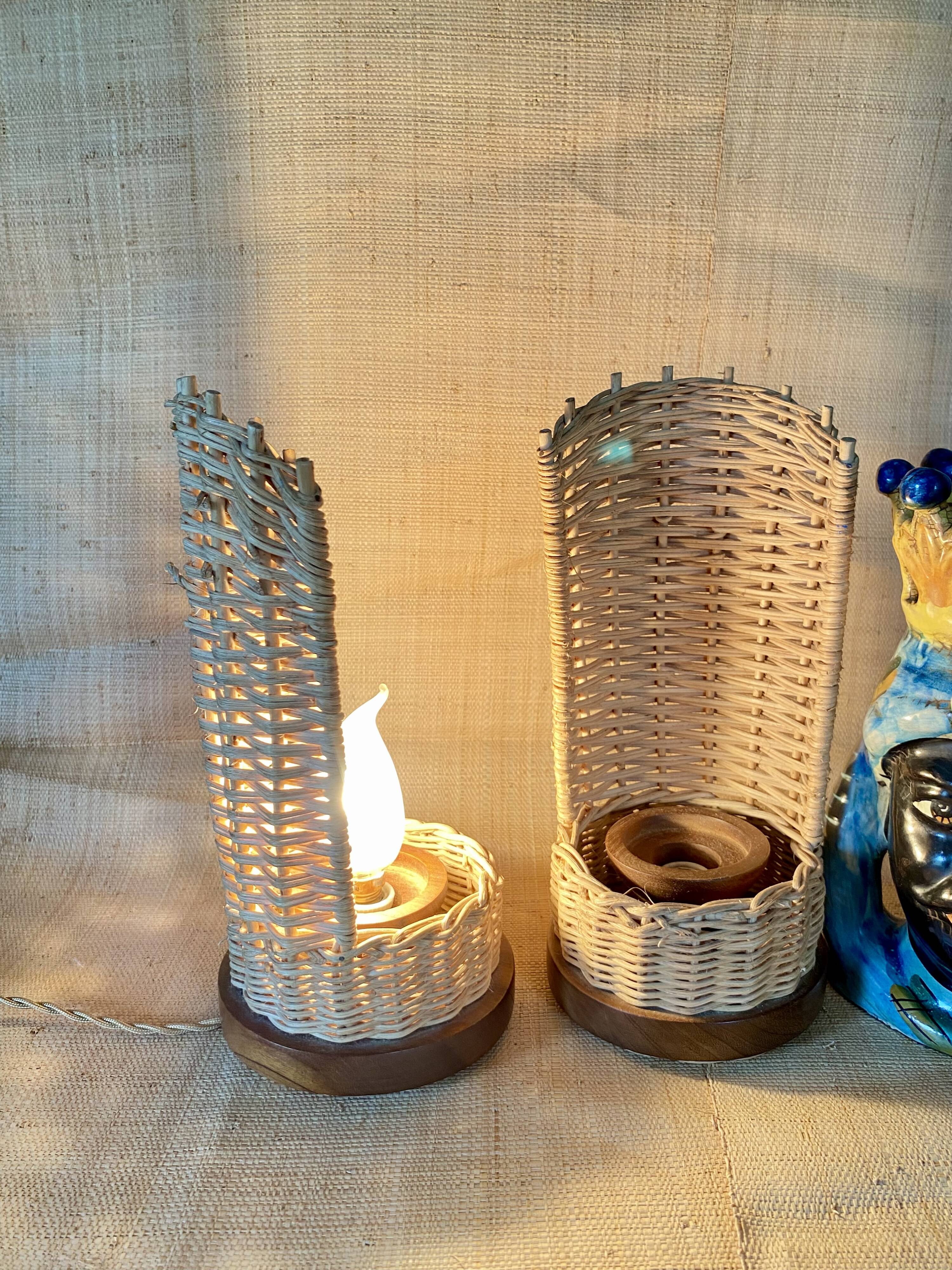 Duo de lampes rotin, câbles tissu neuf 2x2M