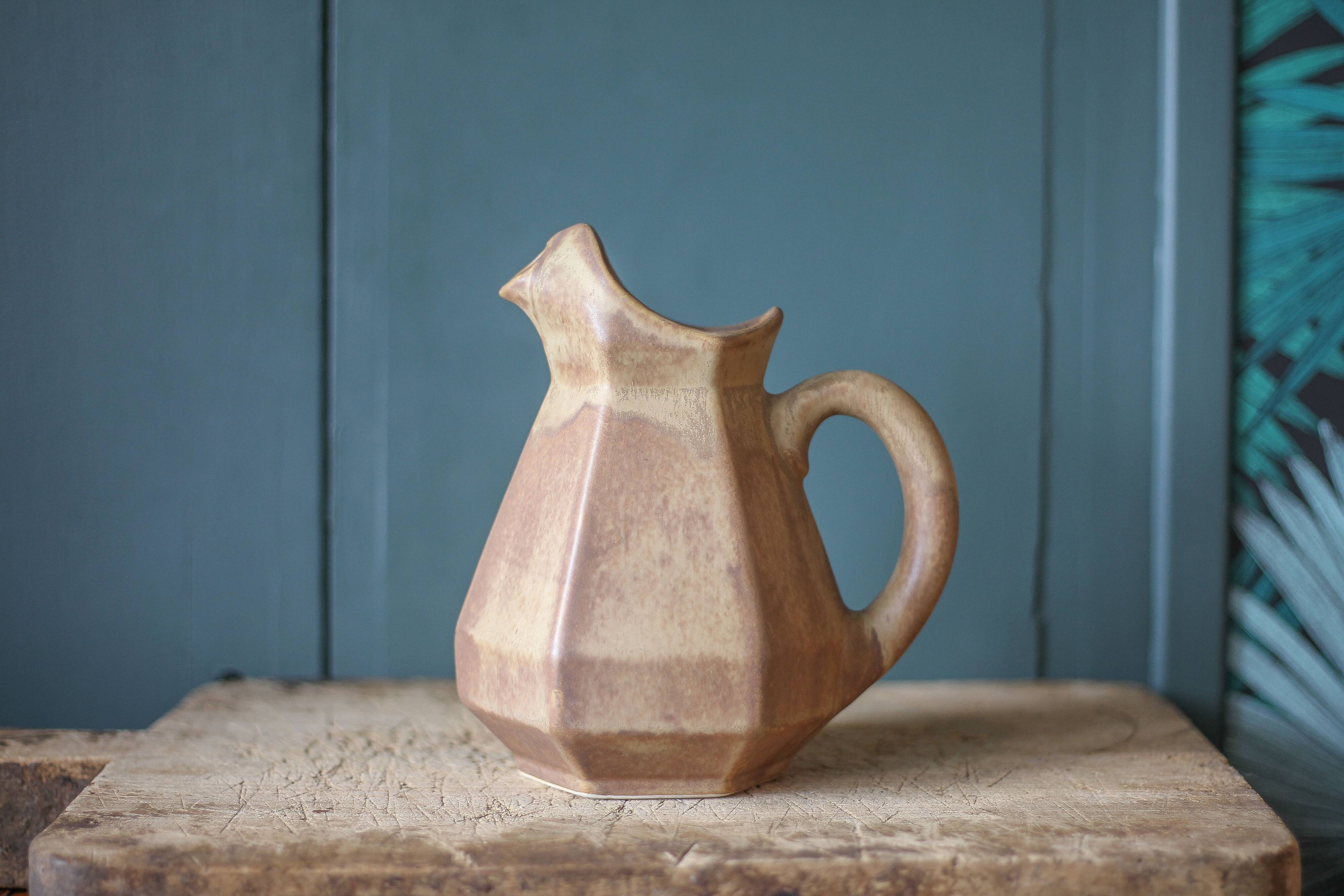 Vintage flamed stoneware pitcher, stoneware carafe, Denbac style pitcher