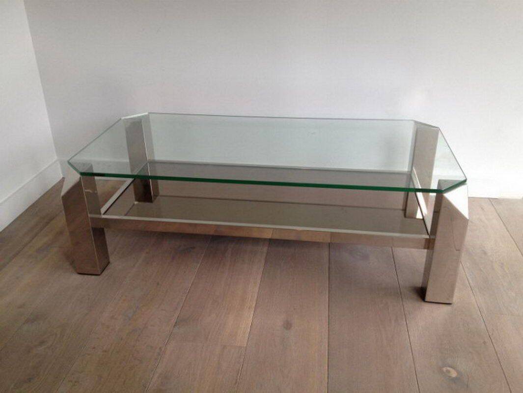 Chrome octagonal designer coffee table with glass and mirror tops