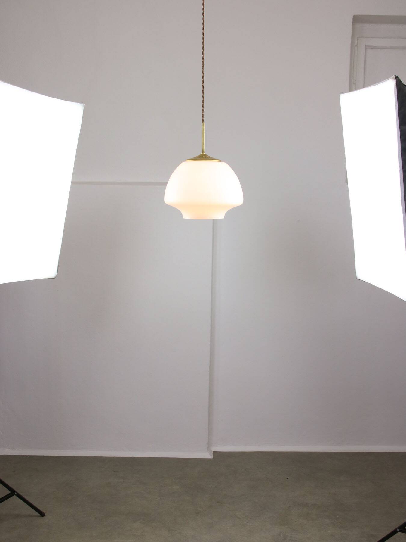 Mid-Century Modern Italian Opaline Glass and Brass Pendant Lamp