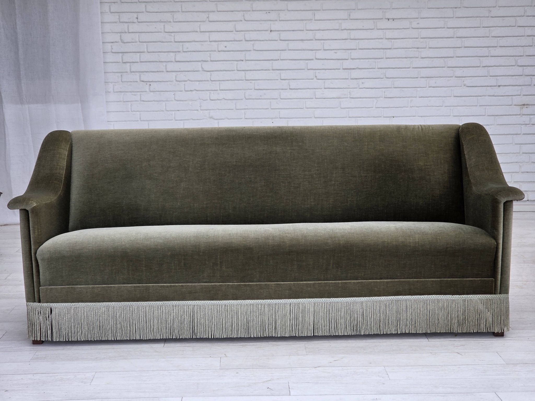 1970s, Danish 3-seater sofa, green furniture velour, beech wood.